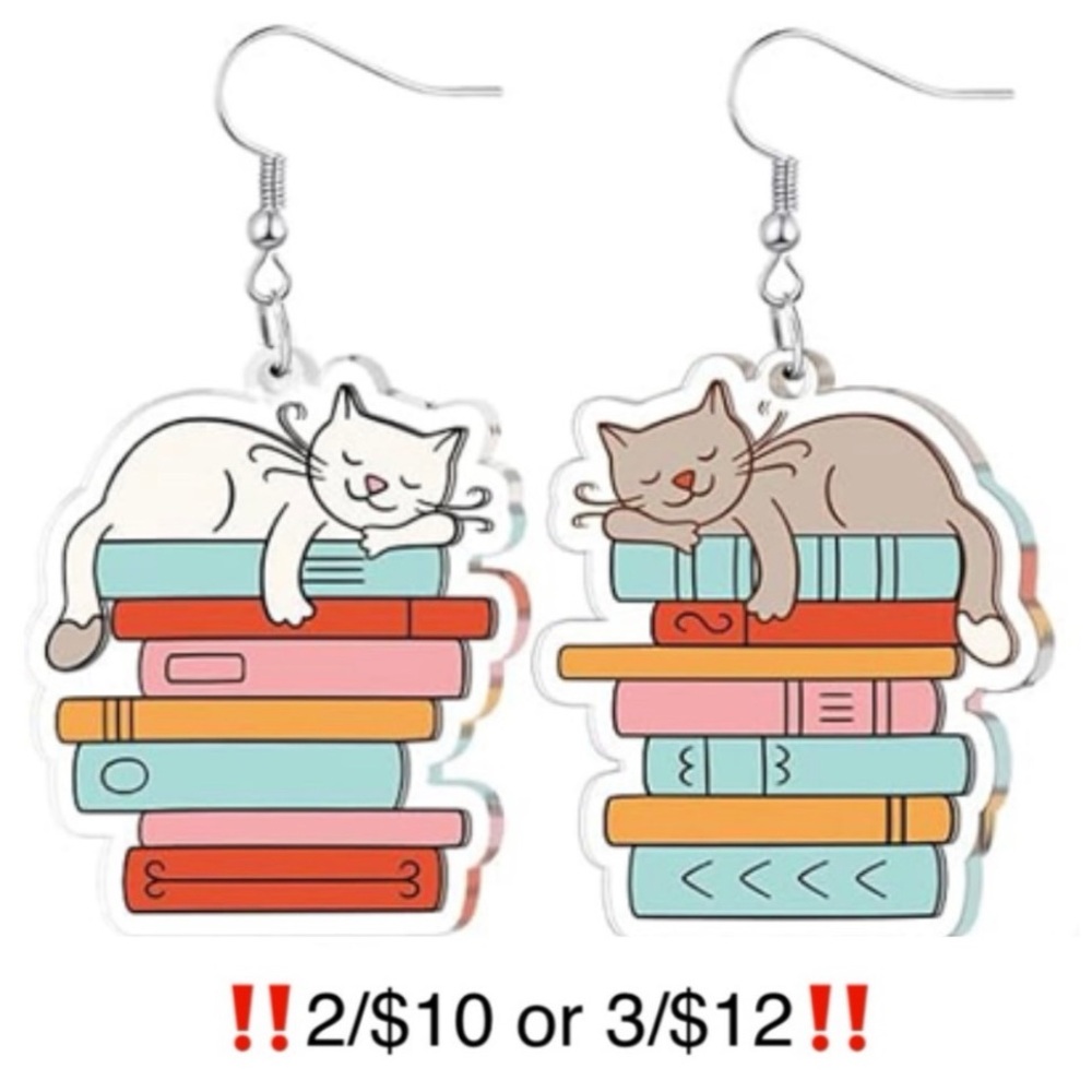 Cat Book Earrings Acrylic Dangling Novelty Statement Sleeping Cat on Book Stack